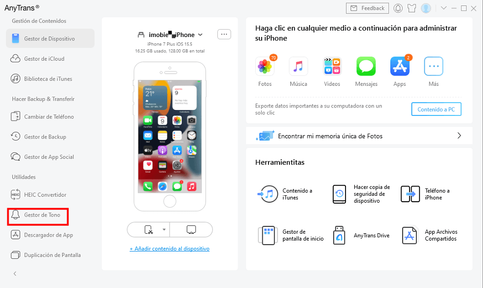 Haz clic en Gestor de tono para crear tono iPhone