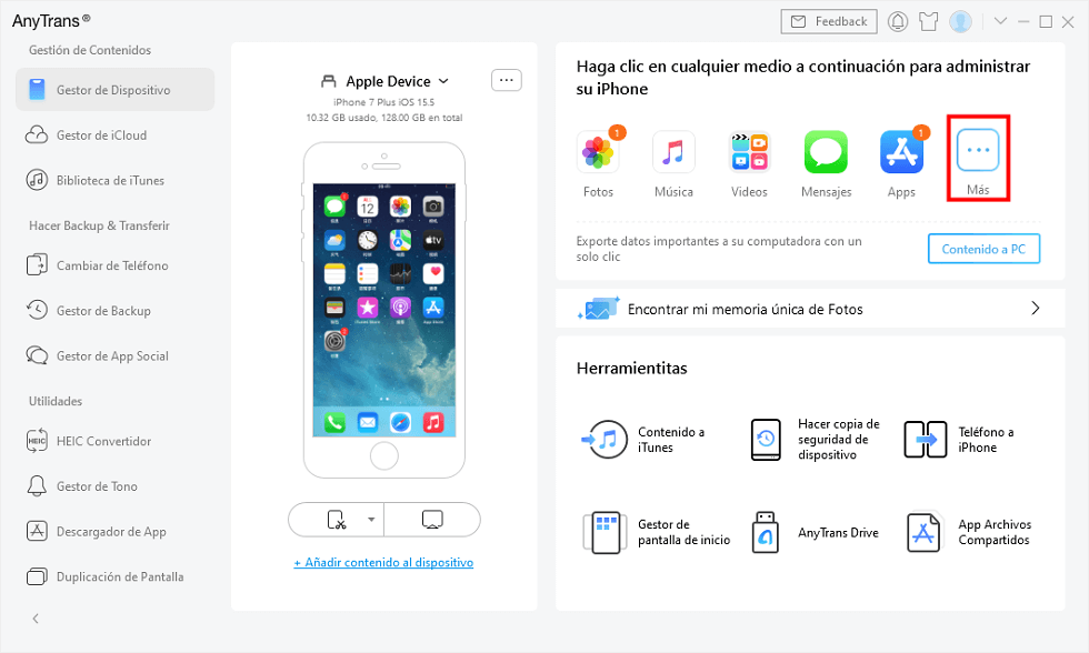 Haz clic en Más para pasar contactos de un iPhone a otro