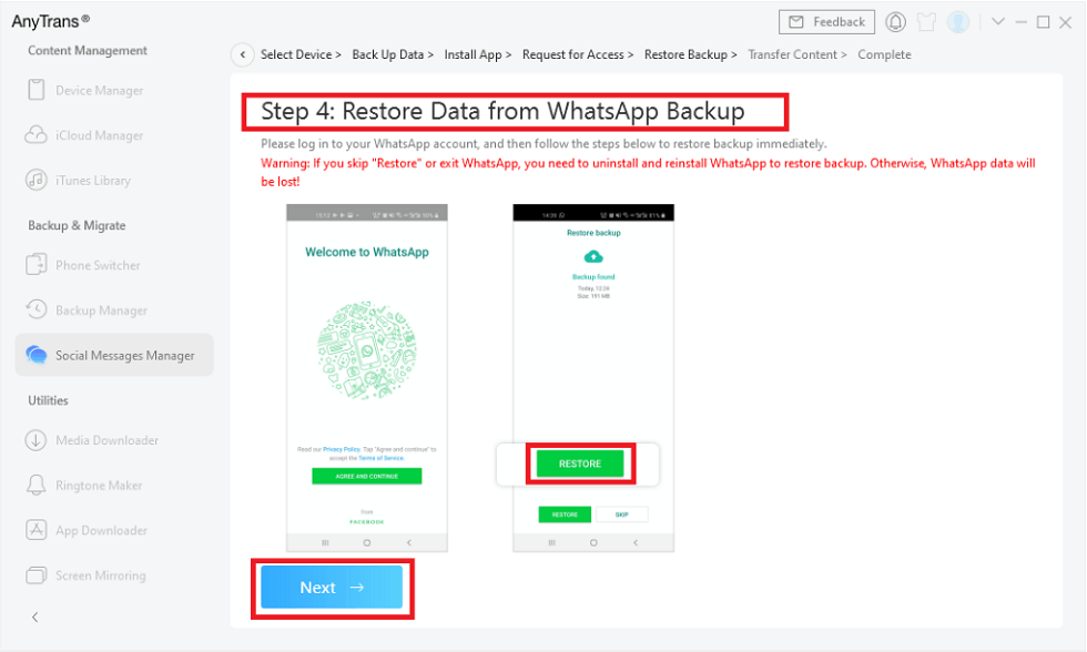 Restaura la copia de seguridad desde tu celular Android en la versión de WhatsApp proporcionada por AnyTrans