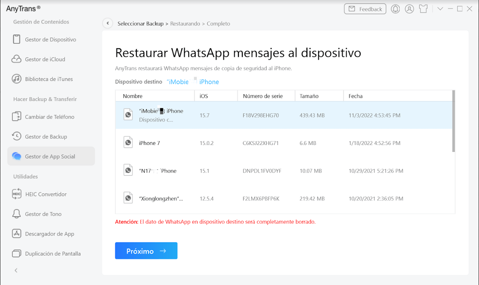 Selecciona la copia de seguridad de tu interés para restaurar copia de seguridad de WhatsApp en iPhone