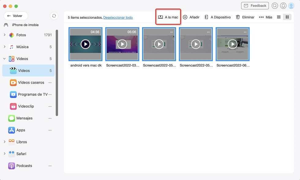 Selecciona los videos de Gestor de Dispositivo para pasar videos de iphone a Mac