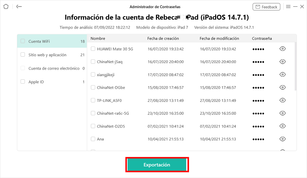 Selecciona las contraseñas que quieras exportar