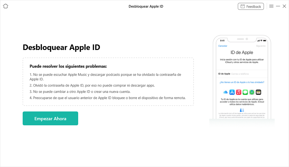 Pulsa comenzar para desbloquear tu ID de Apple