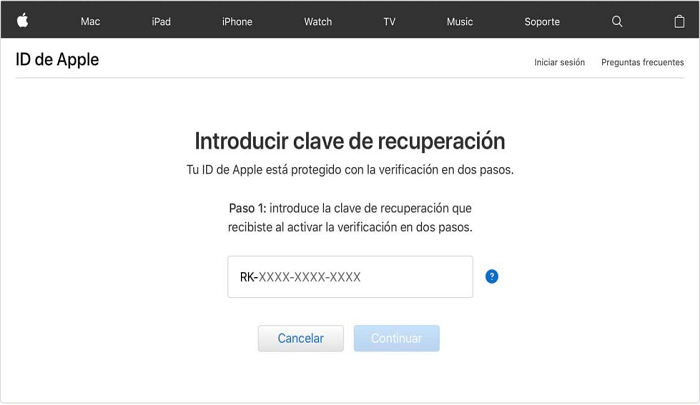 Desbloquear Apple ID usando Clave de Recuperación