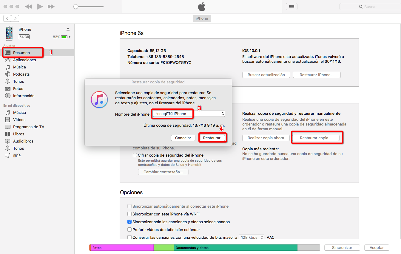 Cómo transferir contactos entre iPhones con iTunes Paso 2
