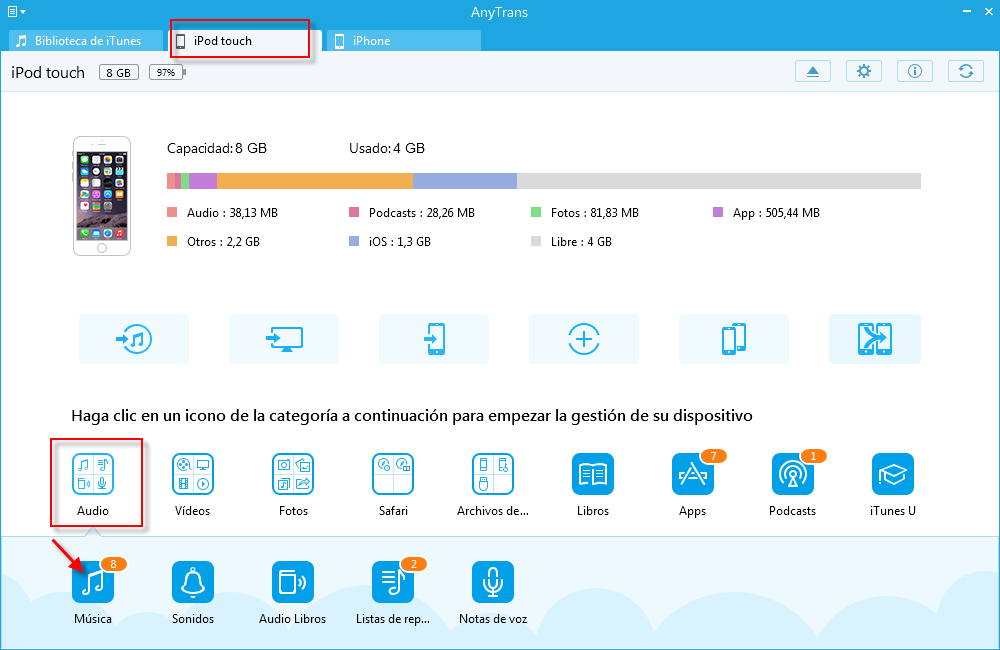 Cómo transferir música del iPod al iPhone con AnyTrans - Paso 1