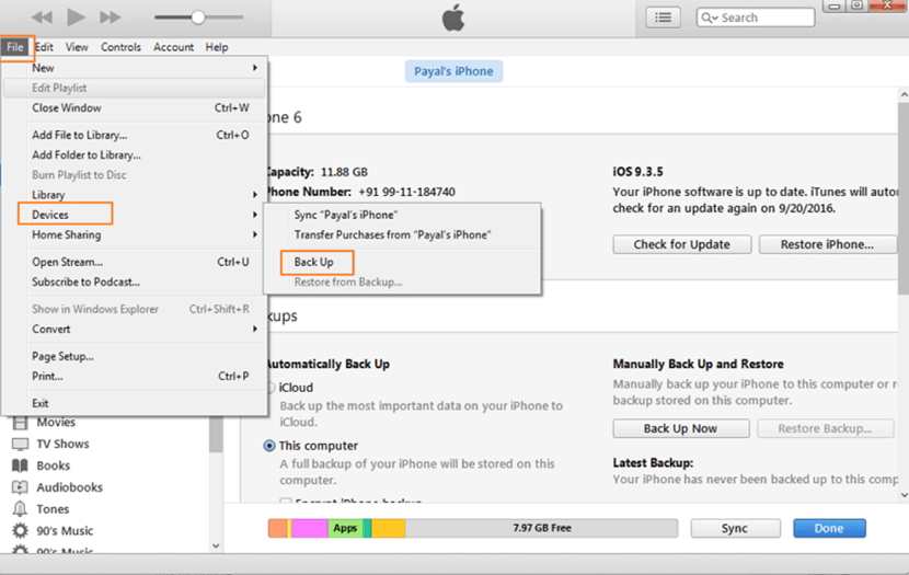 Copia seguridad iPhone en disco duro externo con iTunes.