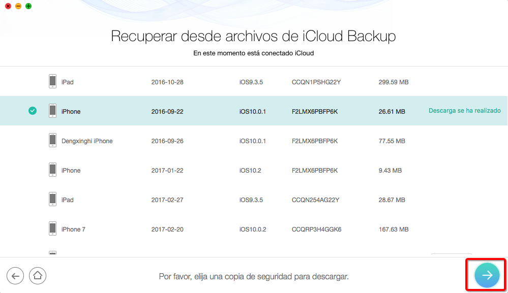 Cómo descargar Copia de seguridad de iCloud con PhoneRescue – Paso 3
