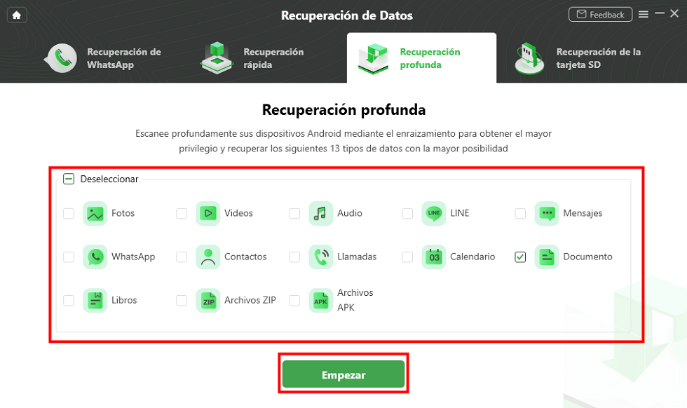 Selecciona los tipos de datos que quieres recuperar archivos borrados definitivamente Google Drive