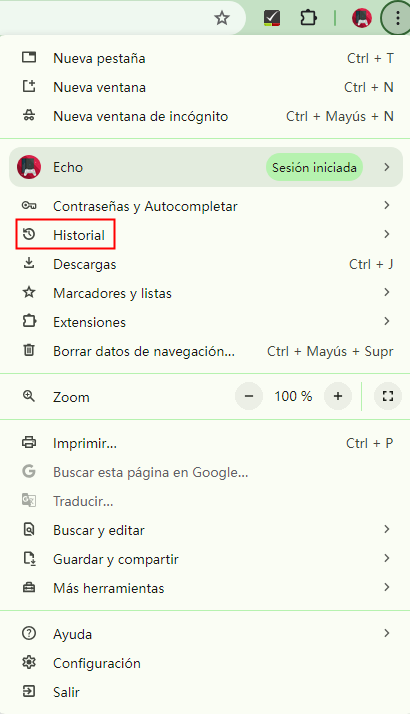 Seleccionar la función de historial del navegador