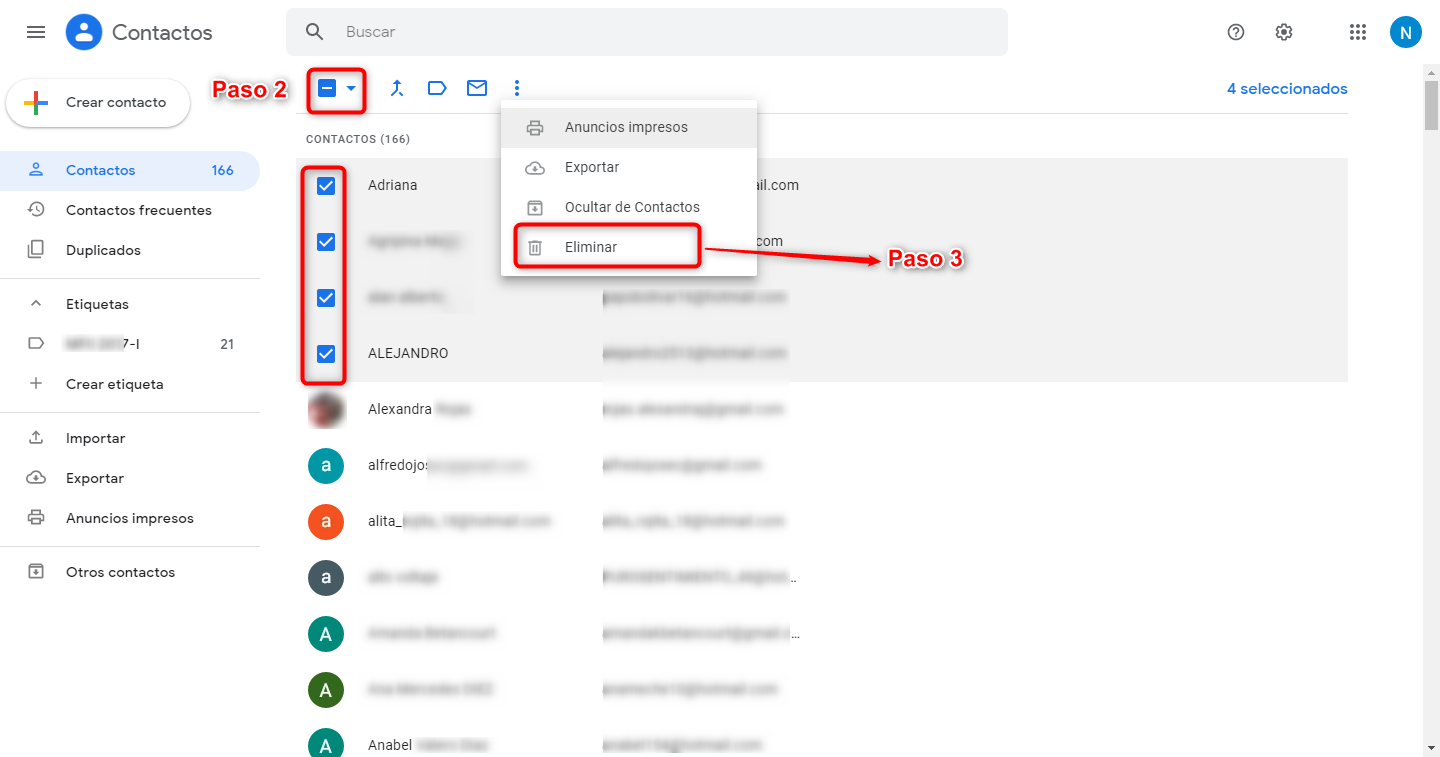 Eliminar contactos desde Google contactos