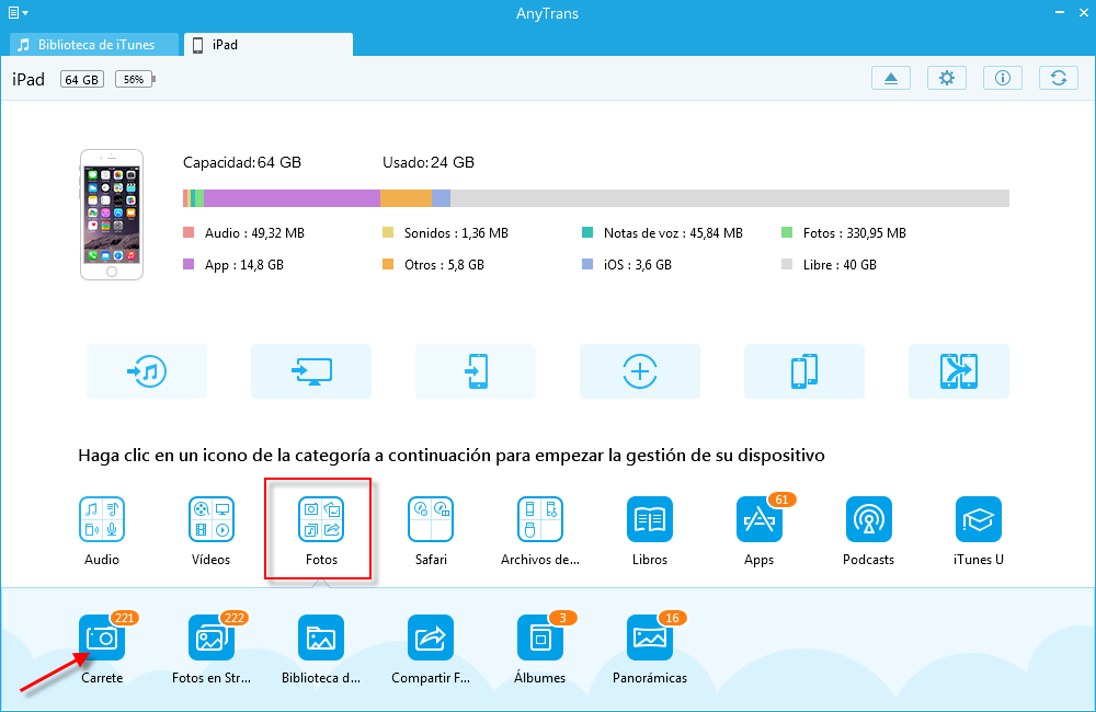 Eliminar todas las fotos del iPad con AnyTrans