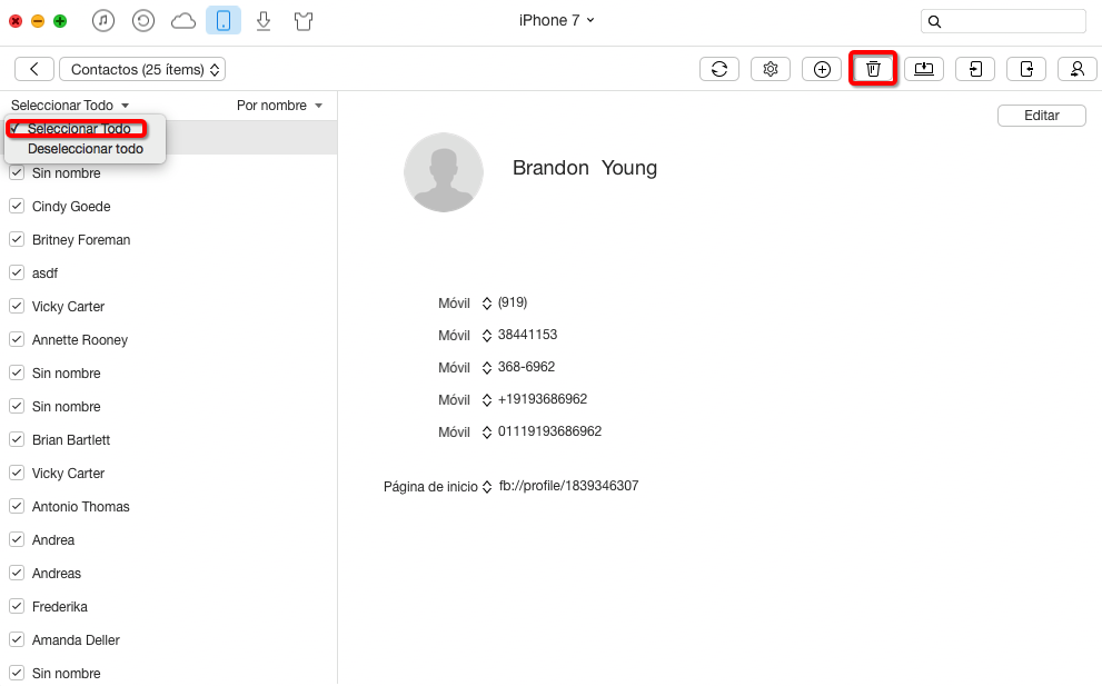 Cómo eliminar todos contactos a la vez con AnyTrans – paso 3