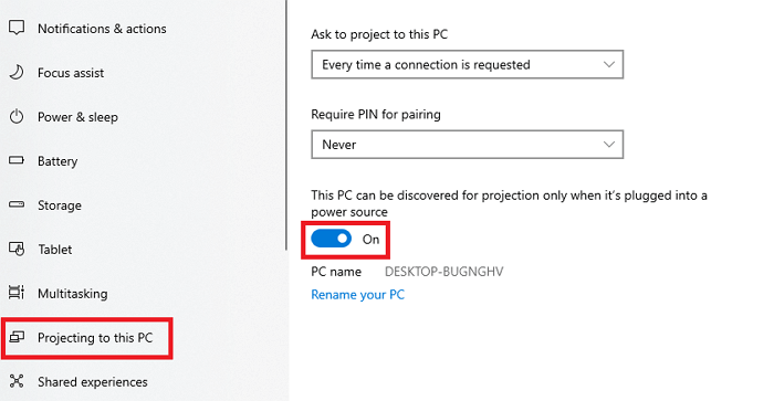 Habilitar proyección en esta PC