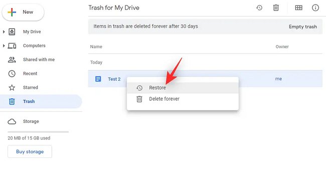 Haz clic en Restaurar para recuperar archivos borrados definitivamente Google Drive
