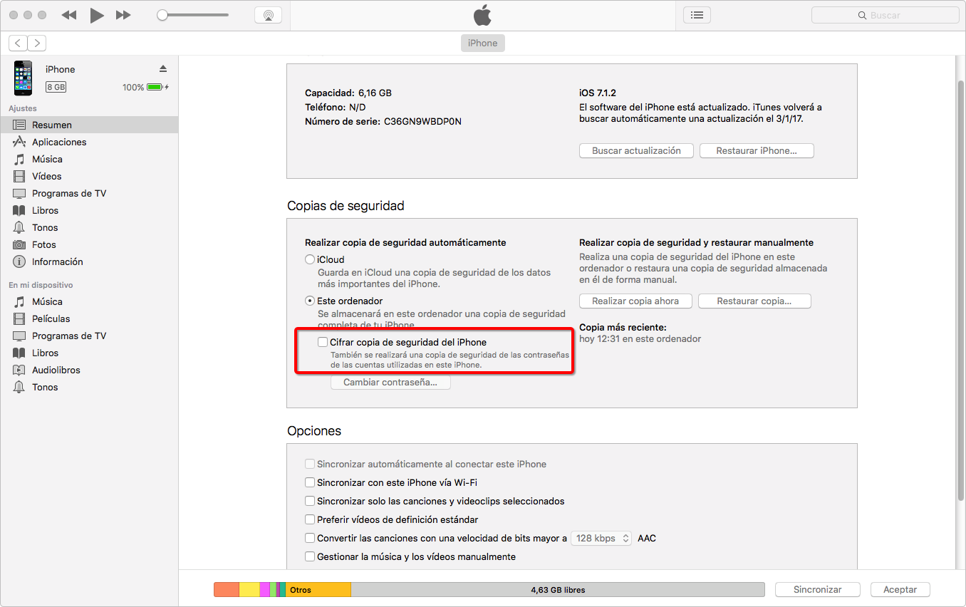 Desactivar las Copias de Seguridad Cifradas de iPhone en iTunes