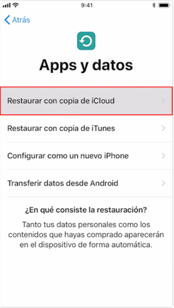 Haz clic en "Restaurar con la copia de iCloud" en la página "Apps y datos"