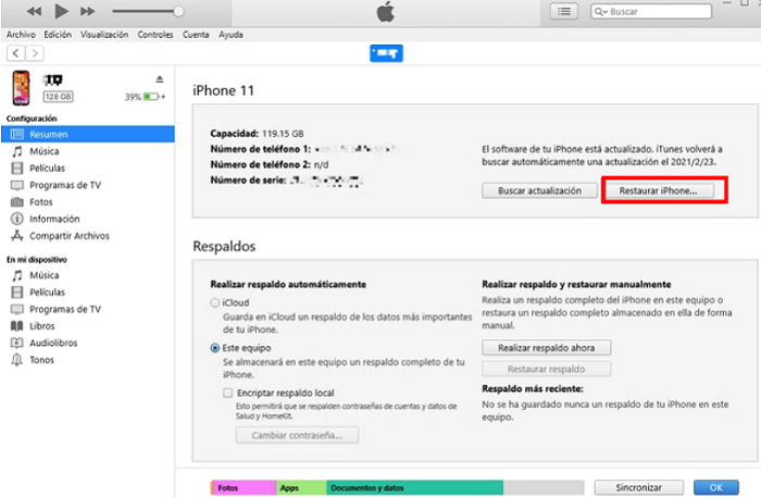 Restaurar su iPhone en iTunes