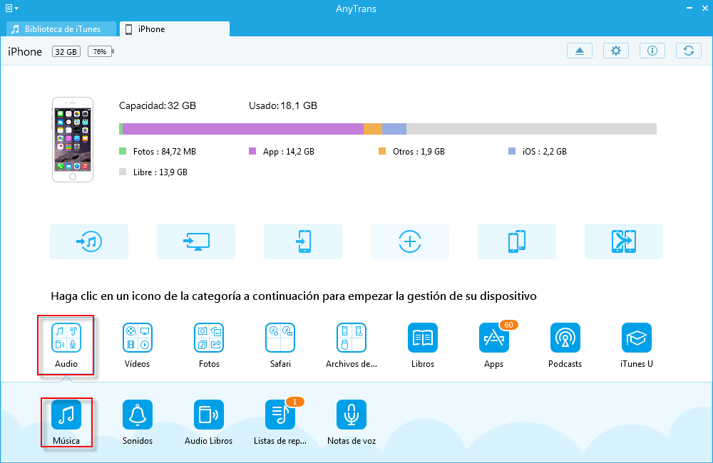 Cómo transferir música desde iPhone al computador con AnyTrans – Paso 2