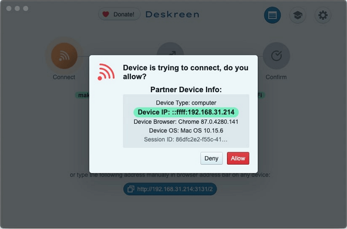 Haga clic en Permitir para usar el iPad como segundo monitor