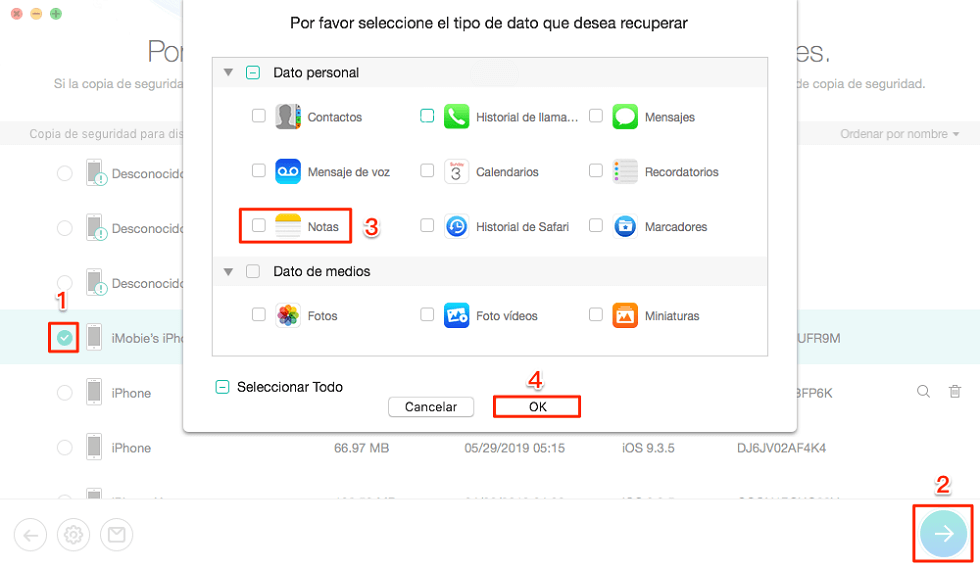 Cómo recuperar notas iPhone borradas de la copia de seguridad de iTunes - Paso 3