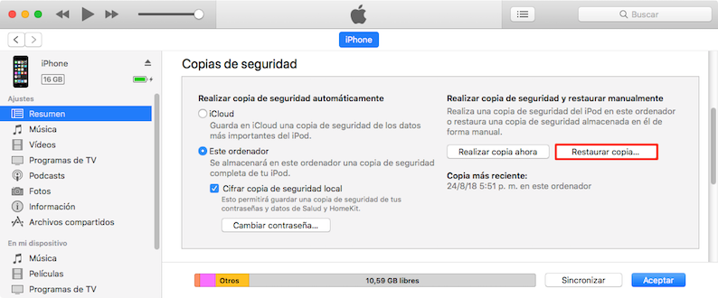 Restaura tu copia de seguridad a través de iTunes