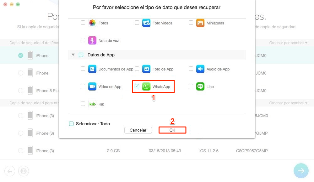 Recuperar selectivamente conversaciones de WhatsApp con iTunes /iCloud copia - Paso 3