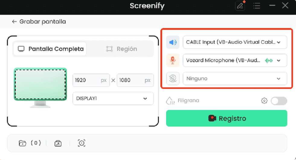 Selecciona la entrada de audio, la calidad de vídeo y otros parámetros