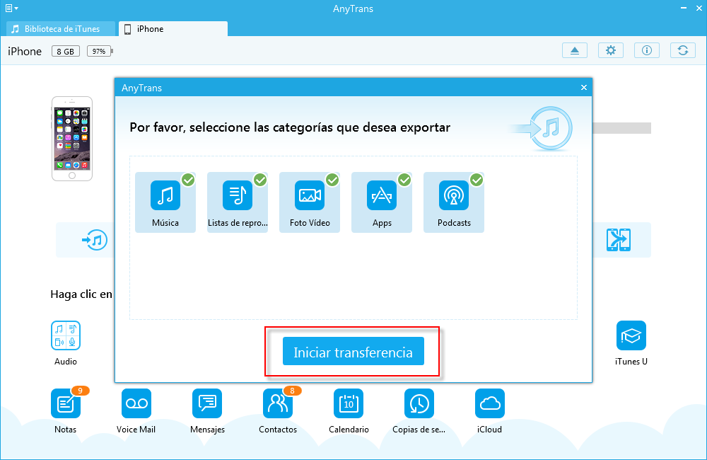 Cómo sincronizar iPhone a iTunes con AnyTrans - Paso 2