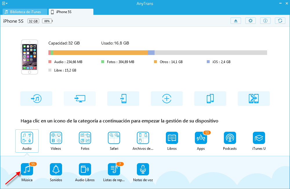 Sincronizar música al iPhone con AnyTrans - Paso 1