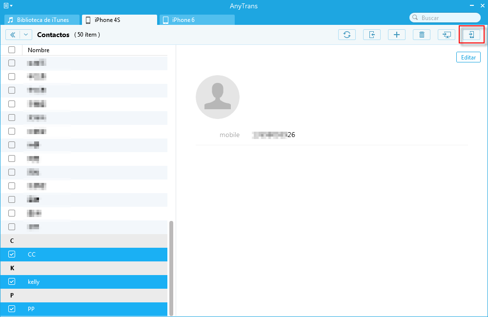 Seleccione los contactos que desea transferir