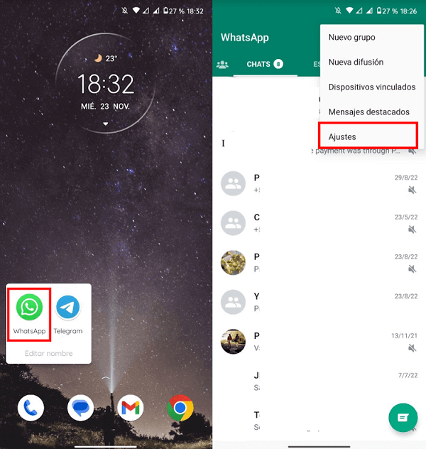 Abre WhatsApp y selecciona los Ajustes de la app