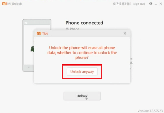 Selecciona la opción de desbloquear, perderás todos los datos previos de tu dispositivo