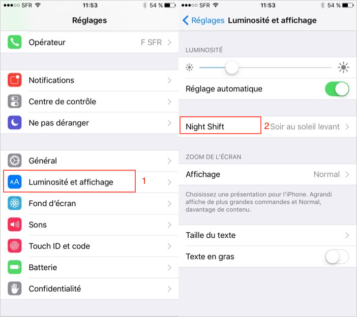 Utilisation du mode Night Shift sur votre iPhone, iPad et iPod touch -  Assistance Apple (FR)