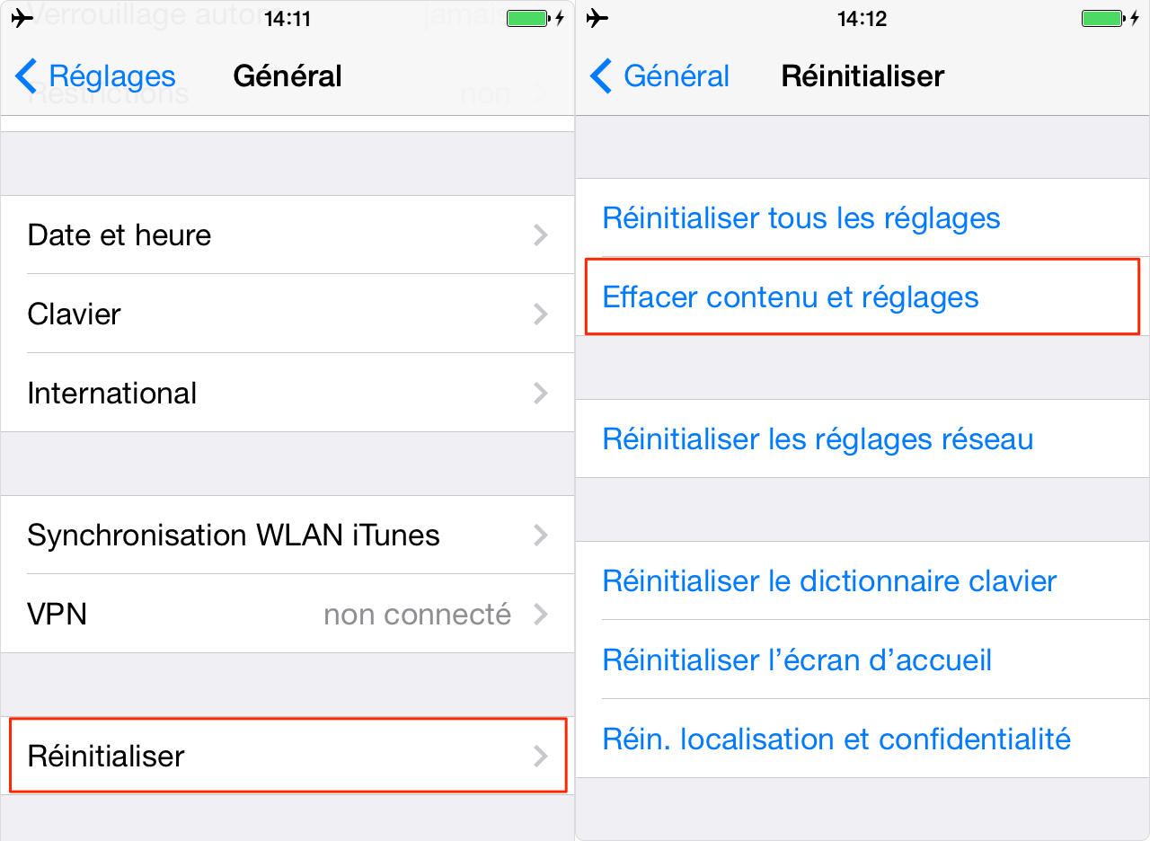 Effacer les contenus et réglages iPhone