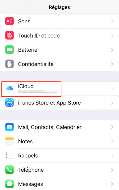 Sélectionnez iCloud sur Réglages – étape 1