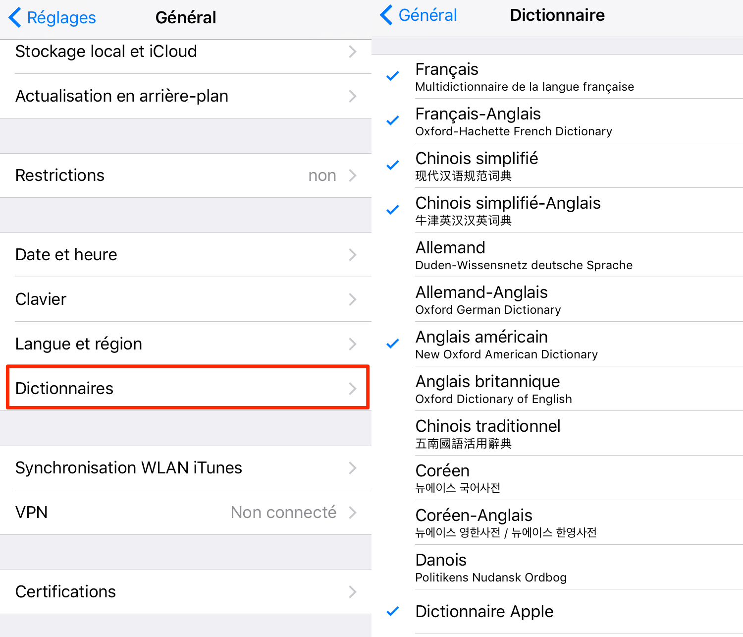 Installer les dictionnaires sur iPhone 7