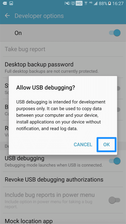 Appuyez sur « OK » pour autoriser le débogage USB