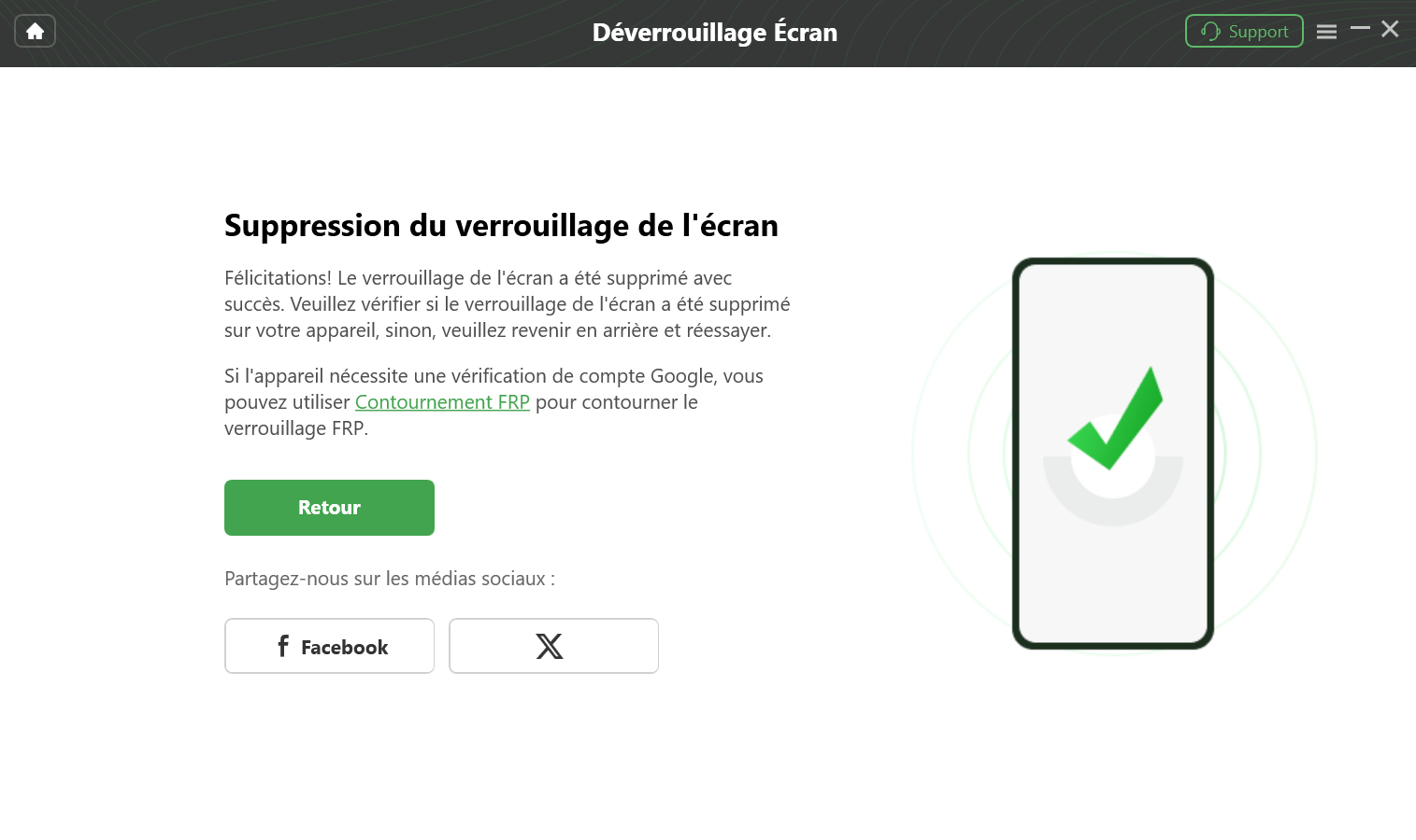 Verrouillage de l’écran supprimé avec succès