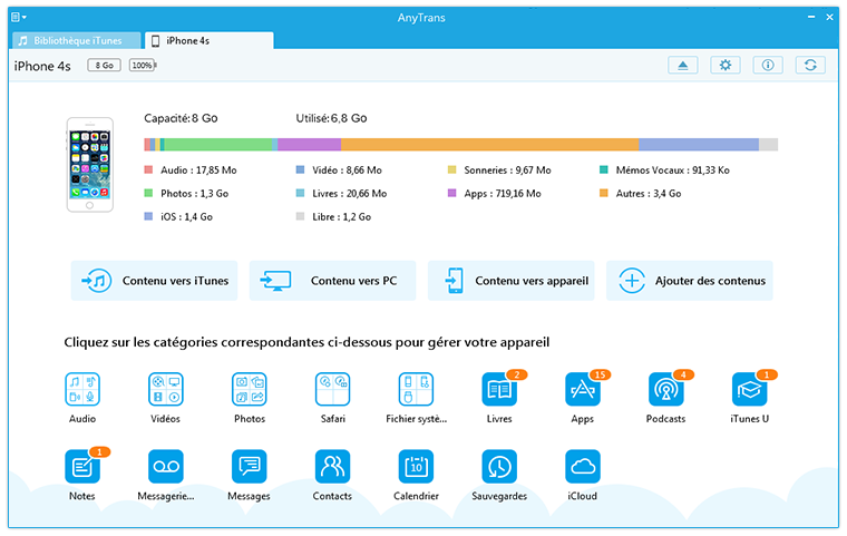 L'interface principale avec l'aperçu des éléments