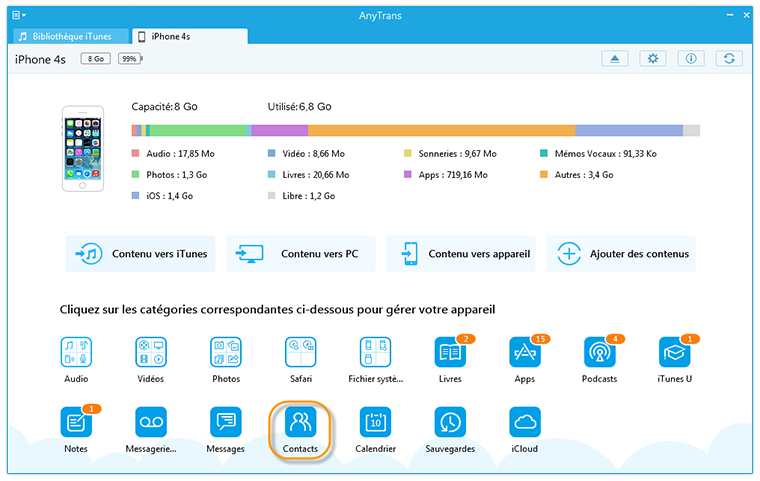 sélectionnez l'option Contacts