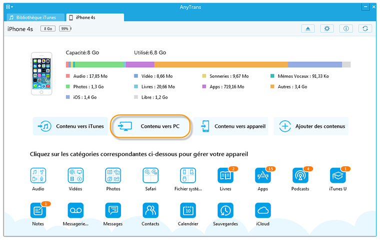 connecter l'appareil et choisir les options