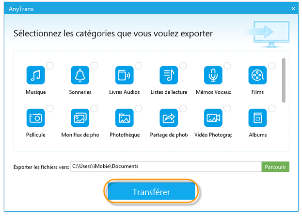 sélectionnez les catégories à exporter