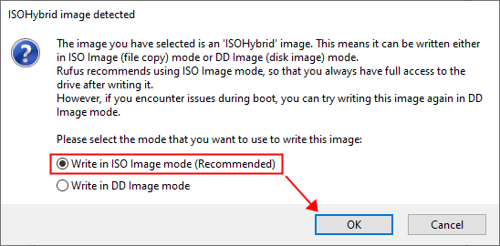 Choisissez l'option 'Write in DD Image mode DD'