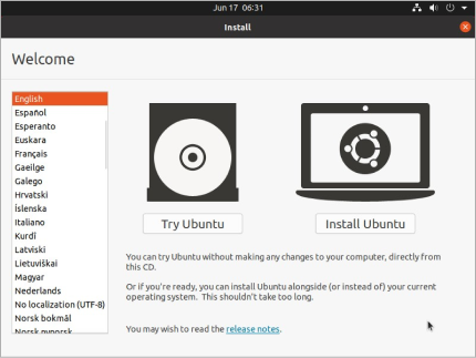 Sélectionnez l’option '* Try Ubuntu'