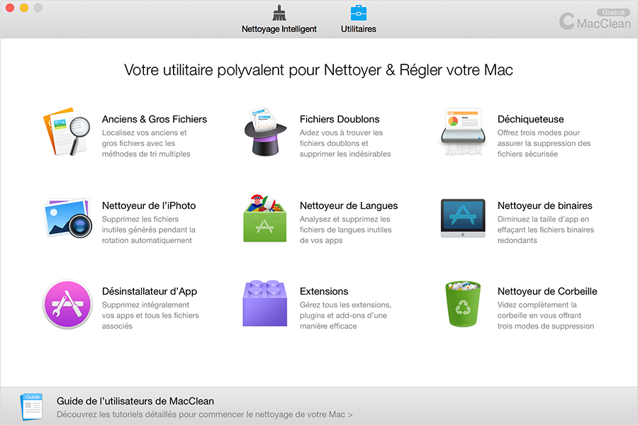 L'interface principale de MacClean, Utilitaires.