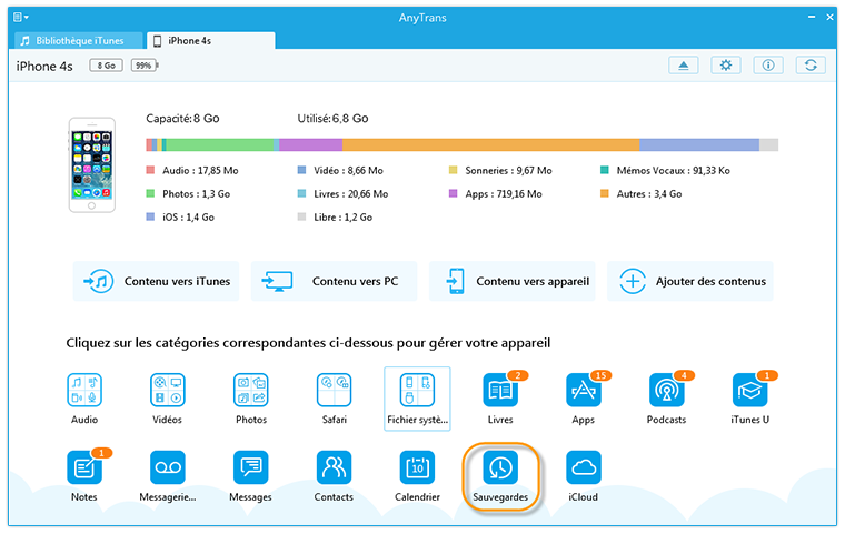 sélectionnez l'option Sauvegardes