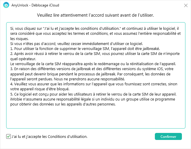 Confirmer les conditions d'utilisation