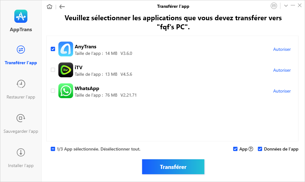 Select Apps to Transfer to Computer