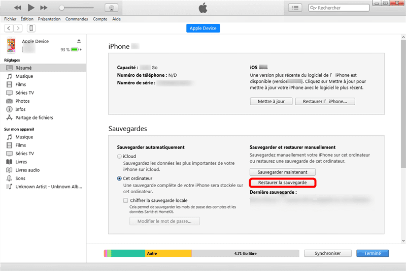Cliquez sur Restaurer la sauvegarde